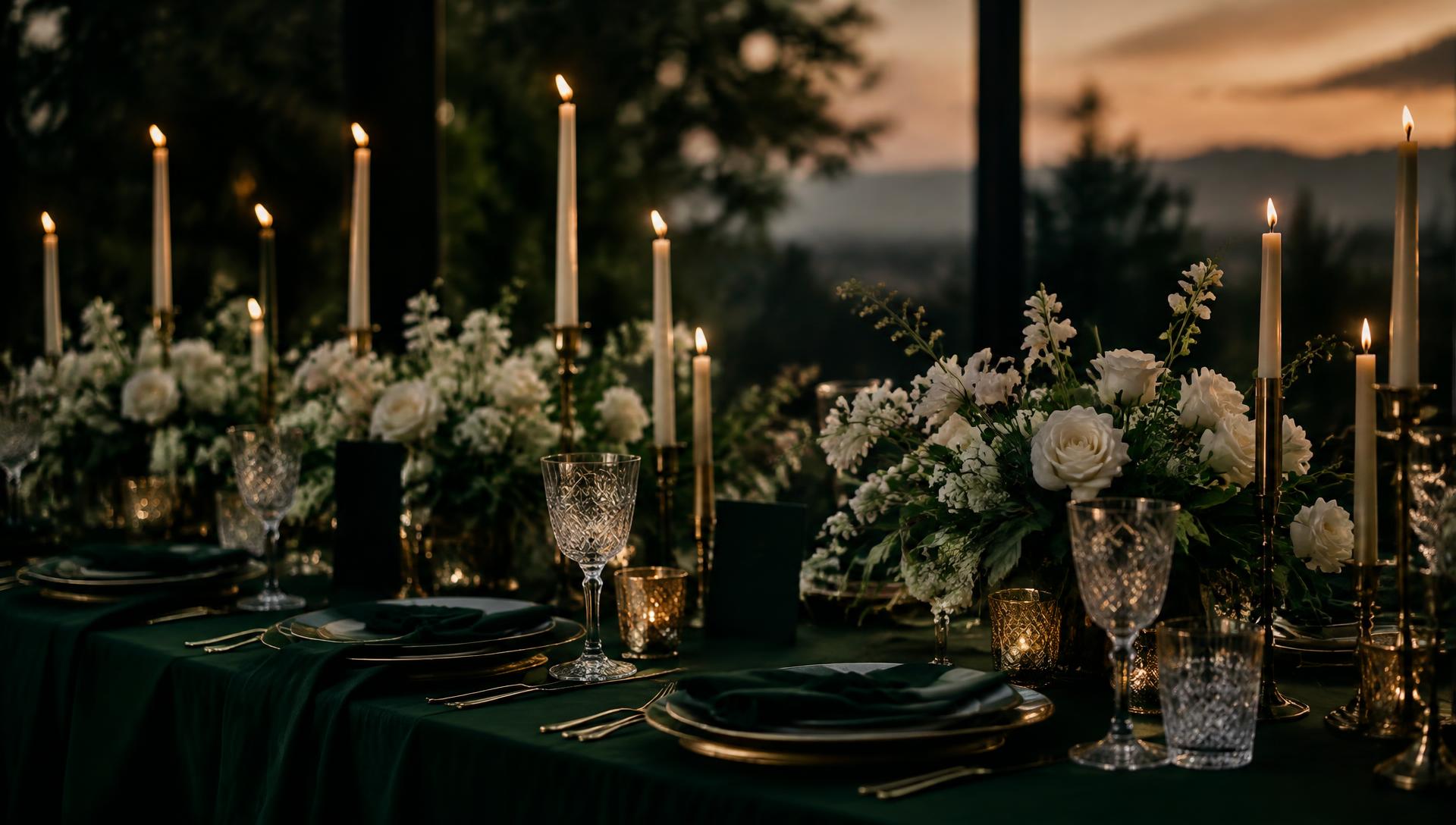 Elegant candlelit event table with emerald linens and gold accents